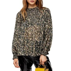 Topshop Metallic Floral Smocked Blouse, 4